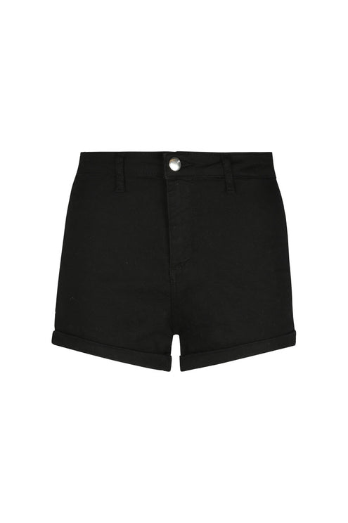 Front view of women's high waist black denim shorts