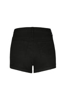 Back view of women's high waist black denim shorts