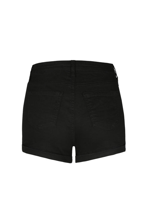 Back view of women's high waist black denim shorts