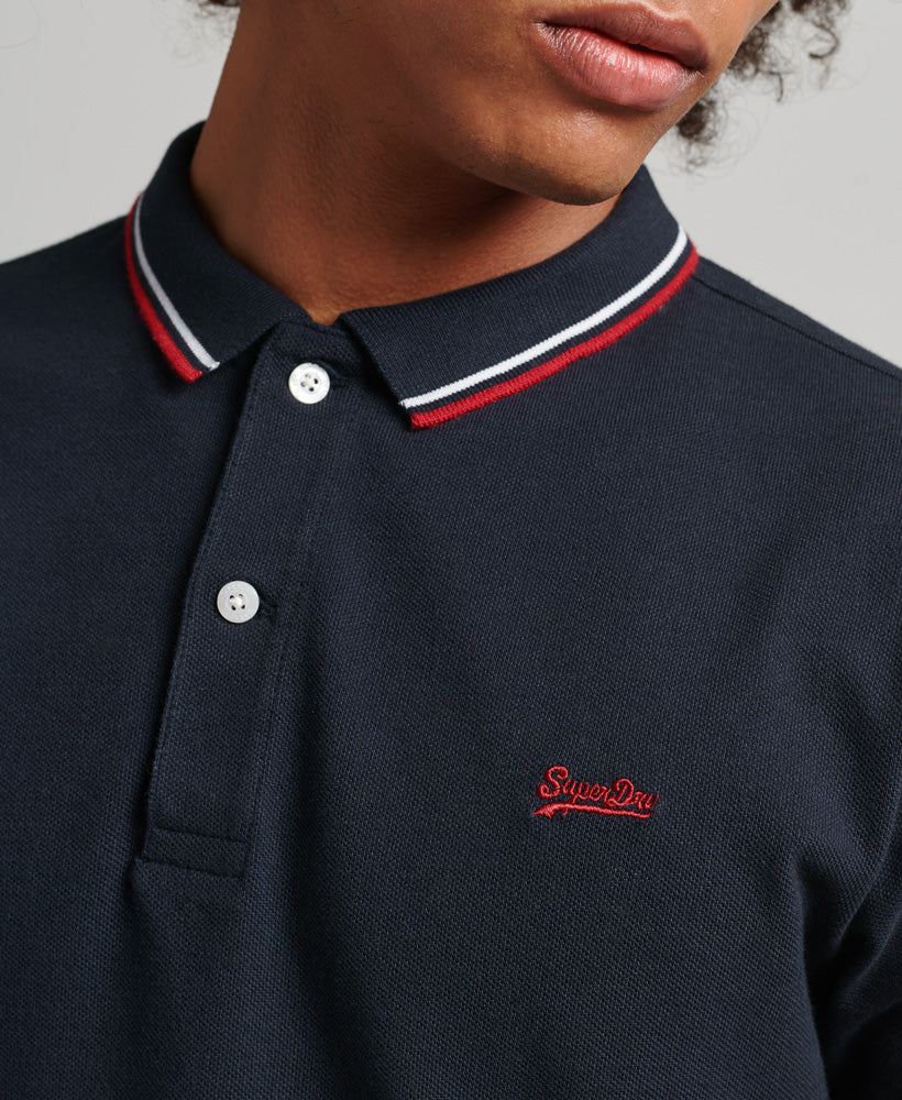 Men's Vintage Long Sleeve Tipped Polo Shirt Dark Navy/Red-Logo View