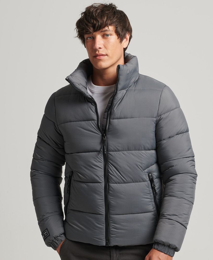 Men's Sports Puffer Non hooded Jacket Football Grid Charcoal-Model Front View